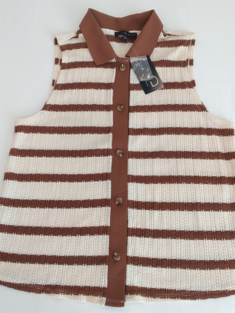 Women's Cream, Brown Striped Sleeveless Polo Knit Blouse-Boho Academia Old Money